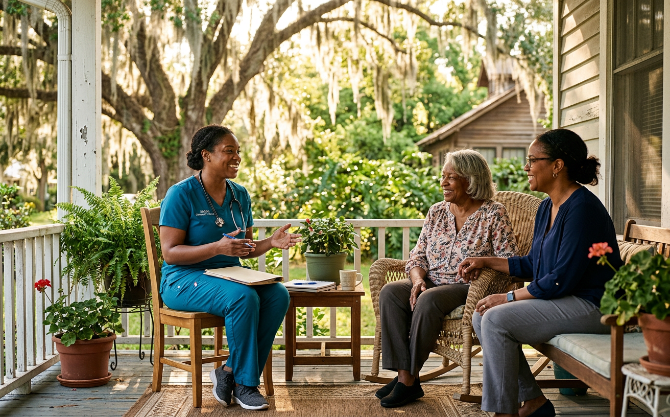 A community health worker speaking with a mother and daughter on their porch