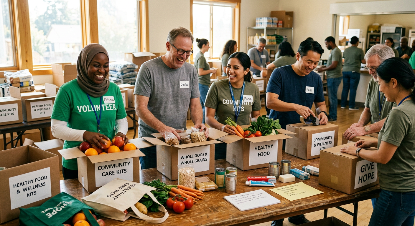Volunteers packing wellness kits at a community center